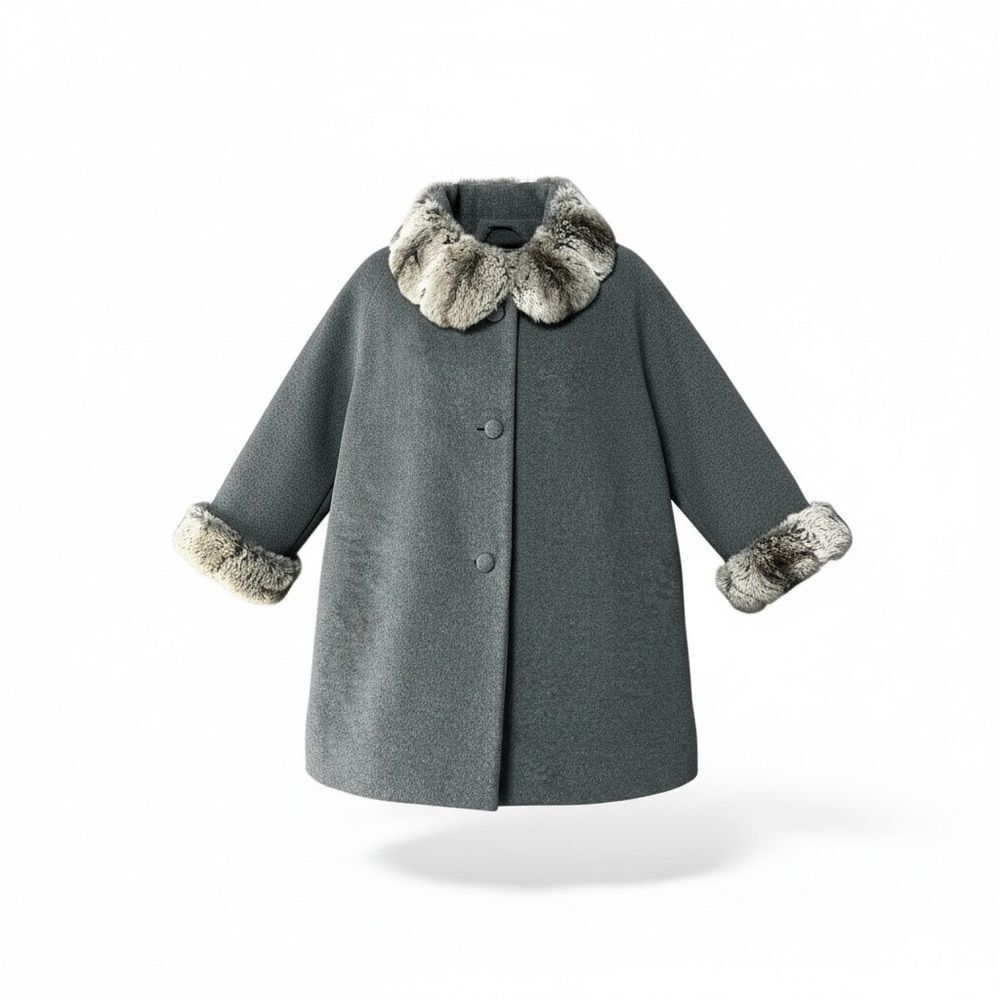 Vintage 1960s 1970s Baron Hong Tailor Wool Coat Rabbit Fur Gray Women’s XL